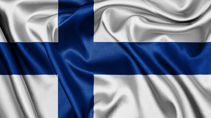 Close up realistic texture fabric textile silk satin flag of Finland waving fluttering background. National symbol of the country. 6th of December, Happy Day concept
