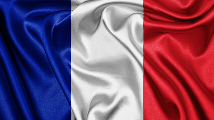 Close up realistic texture fabric textile silk satin flag of France waving fluttering background. National symbol of the country. 14th of July, Happy Day concept
