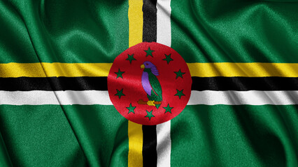 Close up realistic texture fabric textile silk satin flag of Dominica waving fluttering background....