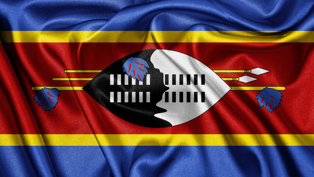 Close up realistic texture fabric textile silk satin flag of Eswatini Swaziland waving fluttering background. National symbol of the country. 6th of September, Happy Day concept
