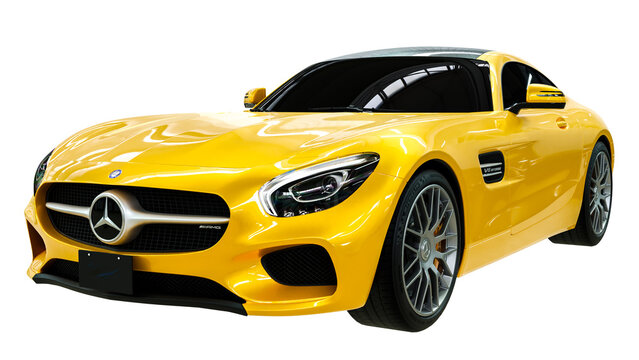 3D illustration yellow sports car isolated on white. Mercedes-Benz AMG GT Coupe
