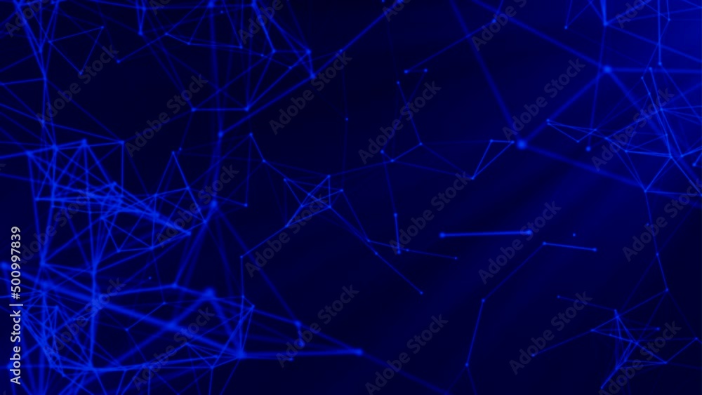 Poster plexus of abstract neon geometrical lines with moving triangles and dots. motion. 3d colorful scient