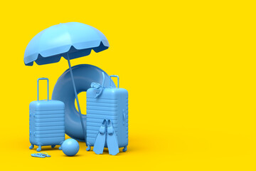 Obraz premium Suitcase with beach umbrella and inflatable ring on monochrome yellow background