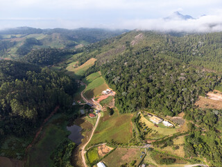 Small country town with food production on plantations, small houses and a beautiful valley - Pedra Azul, Espirito Santo, Brazil