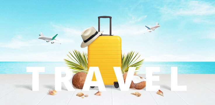 Travel yellow suitcase on the beach surrounded by travel text, coconuts, hat, palm leaves and shells. Planes in the sky. Travel concept.