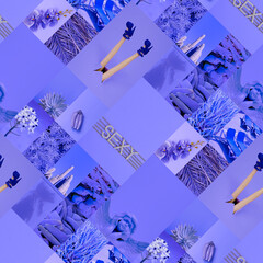 Set of trendy aesthetic photo collages. Minimalistic images of one top color. Blue moodboard