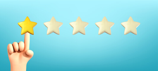 3d cartoon hand pointing, finger pointing to five star rating. Vector illustration rating stars. Feedback, reputation and quality concept. Customer review concept.