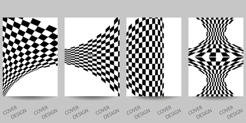 Trendy template for design cover, poster, flyer. Layout set for sales, presentations. Minimalistic geometric background in black and white with an abstract checkered print. Optical illusion.