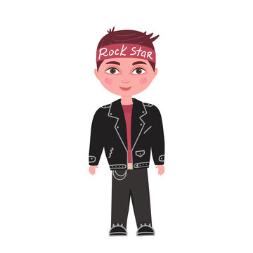 Rock star boy in a leather jacket with a bandana on his head. Vector Illustration for printing, backgrounds, packaging, greeting cards, posters, stickers and textile. Isolated on white background.