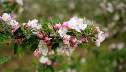 Blooming apple tree flowers and pink buds, apple blossoms on tree branch closeup, bokeh background apple trees.
