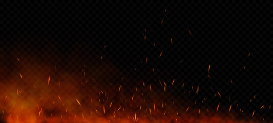 Vector red fire sparks flying up. Burning glowing particles. Flame of fire with sparks isolated on a black transparent background. © Vector_Artist
