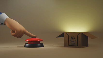 3d illustration of cartoon hand pushing red button and light in the box.