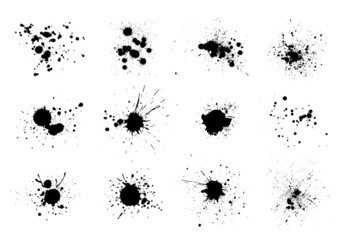 Black ink splatter isolated on white background. Vector watercolor paint brush texture. Ink splash and stain set. Grunge spray drop spatter, dirty blot splatters and splat. Abstract splash blobs - obrazy, fototapety, plakaty