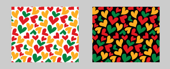 Seamless pattern with hearts in traditional African colors - red, green, yellow, black. Background set for Black History Month, Juneteenth, Kwanzaa banner With Hearts in Pan-African Flag Colours. 