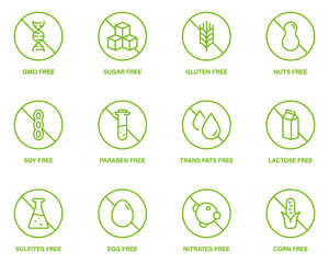 Free Sugar, Corn, GMO, Dairy, Nitrates, Trans Fat, Soy, Milk, Egg, Paraben, Gluten, Nuts Forbidden Line Green Icon Set. Allergen Food Product Ingredient Forbidden Sign. Isolated Vector Illustration