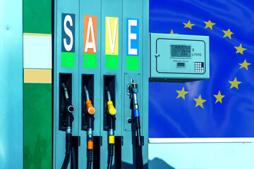 A gas station with the flag of the European Union in the background, the inscription "save".