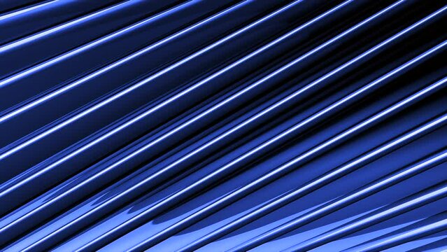 Parallel colorful diagonal narrow lines flowing slowly on a black background, seamless loop. Motion. Glowing stripes.