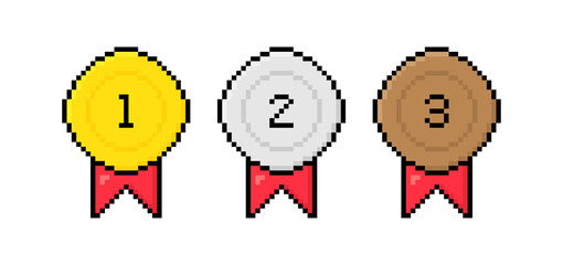 8 bit pixel art gold, silver, bronze medal with red ribbon. 1st, 2nd and 3rd places. Vector illustration