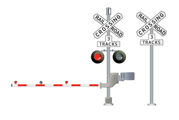 Road signs and railroad crossing barriers are used in the United States.traffic light, Railway barriers close isolated on white background, design concept for start up, business solutions,