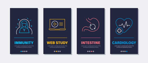 Health care vector vertical banners on black. Medical onboarding templates with neon icons
