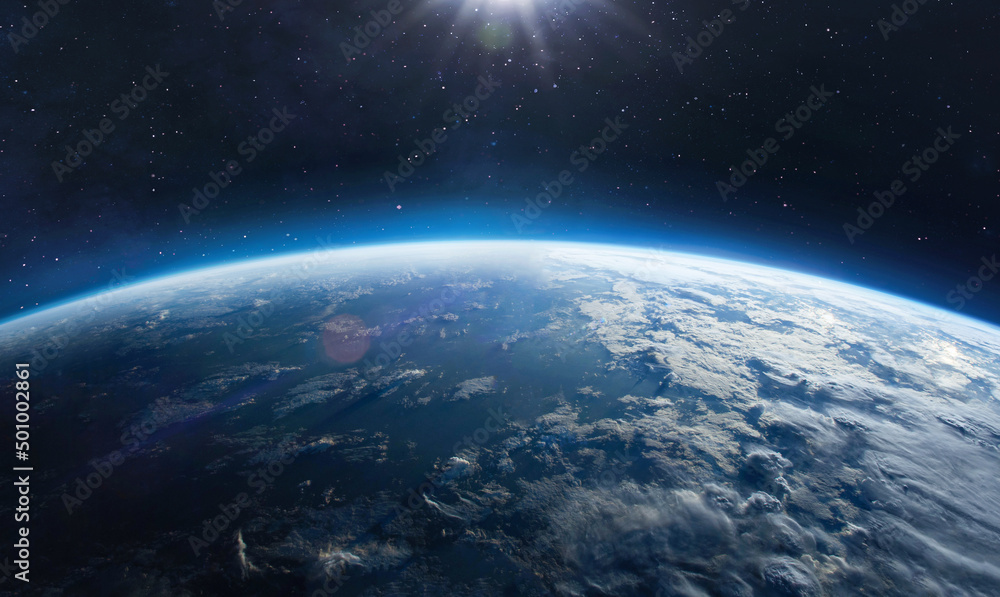 Aufkleber Earth surface view from orbit in space. Blue planet. Clouds and sky on horizon. Elements of this image furnished by NASA