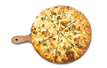 Italian pizza on white background isolated. Appetizing fast food. Varieties of pizza.