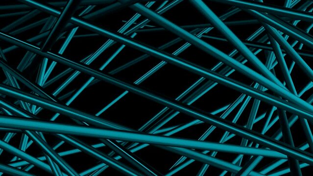 Abstract blue long straight 3D lines on a black background, seamless loop. Motion. Fractal looping background.