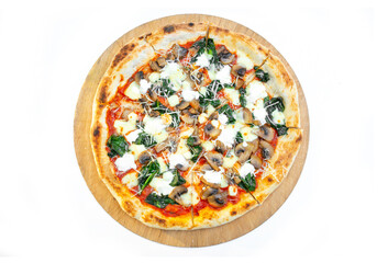 Italian pizza on white background isolated. Appetizing fast food. Varieties of pizza.