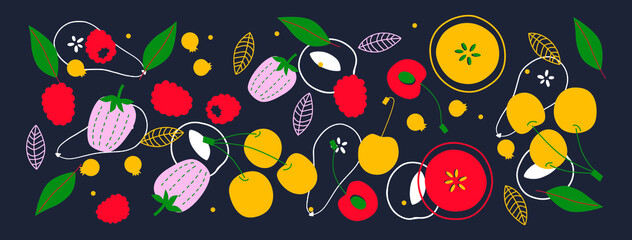 Naklejka premium Appetizing fruit and berries collection. Decorative abstract horizontal banner with colorful doodles. Hand-drawn modern illustrations with fruit and berries, abstract elements. Abstract series