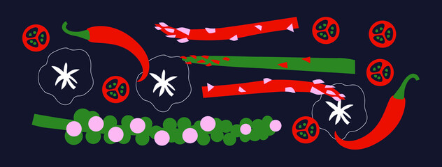 Abstract appetizing Vegetables collection. Decorative abstract horizontal banner with colorful doodles. Hand-drawn modern illustrations with Vegetables, abstract elements. Broccoli, pepper slice