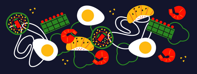 Abstract appetizing sushi and rolls collection. Decorative abstract horizontal banner with colorful doodles. Hand-drawn modern illustrations with sushi and rolls abstract elements. Asian cuisine