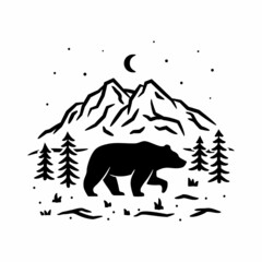 Hiking t-shirt black print with bear and mountains - explore the outdoors. Bear in nature for your design, wildlife concept. 
