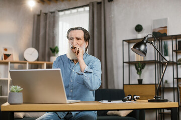 Elegantly looking aged grey-beard mature man chief of big company relaxing at office smoking cigar while gazing at the screen of laptop while sitting at the tabe.