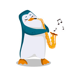 Obraz premium Penguin plays the saxophone. Cute character in cartoon style.