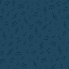 Seamless pattern with musical notes on a blue background.