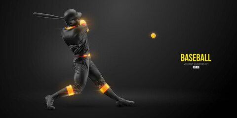 Abstract silhouette of a baseball player on black background. Realistic baseball player batter hits the ball. Vector illustration