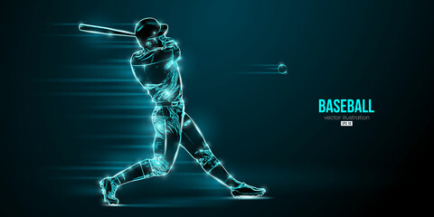 Abstract silhouette of a baseball player on blue background. Baseball player batter hits the ball. Vector illustration - obrazy, fototapety, plakaty