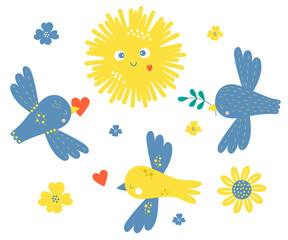Fototapeta na wymiar Collection of decorative yellow-blue birds with heart and dove with branch of peace and cute sun Yellow-blue colors of Ukrainian flag. Vector illustration. Isolated elements for decor, design, print