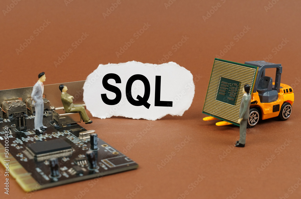 Poster on a brown background, a loader, a processor, a microcircuit, figures of people and paper with the i