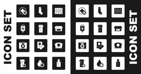 Set Pills in blister pack, Medicine bottle, IV bag, Cross hospital medical, Ointment cream tube medicine, Inhaler, Nurse hat with cross and First aid kit icon. Vector