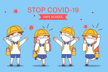 Doodle hand drawn cartoon student back to school and safe school concept with wearing a face mask stop covid-19.