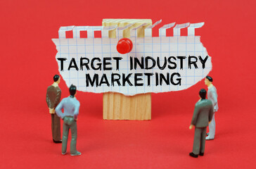 On a red background are miniature figures of people looking at an ad with the inscription - Target...