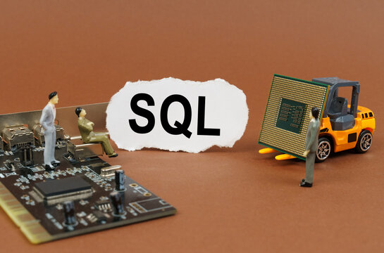 On a brown background, a loader, a processor, a microcircuit, figures of people and paper with the inscription - SQL