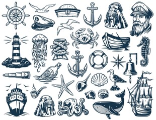 Nautical ocean lighthouse and walrus, sea marine anchor and captain cap, sealife with shellfish, kraken, ship rudder © Casoalfonso