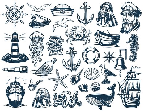 Nautical ocean lighthouse and walrus, sea marine anchor and captain cap, sealife with shellfish, kraken, ship and helm