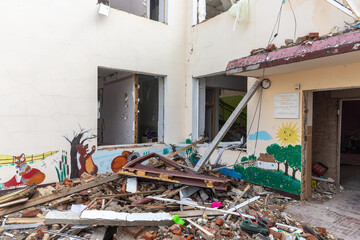 War in Ukraine. Heavily damaged kindergarten.