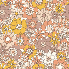 Boho vector background. Floral vintage seamless pattern. Hippie flower power retro textile print. Groovy botanical wallpaper © Evgeniya Khudyakova
