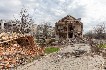 War in Ukraine. Destroyed houses in the village of Makariv