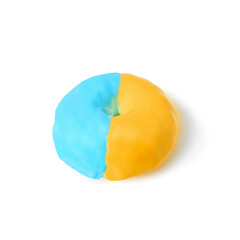 blue and yellow donut with glaze on white background