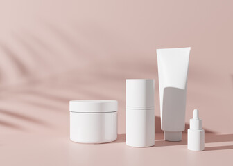 Group of white and blank, unbranded cosmetic cream jars and tubes on pink background. Skin care product presentation. Elegant mockup. Skincare, beauty and spa. Jar, tube with copy space. 3D rendering.
